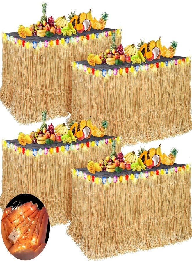 Aneco 4 Pieces 9 Ft x 30 Inches Luau Grass Table Skirts with LED String Light Hawaiian Table Skirt Lighted Grass Skirt Table Fringe for Tropical, Hawaiian Themed, Birthday Party (Natural) - Image 1
