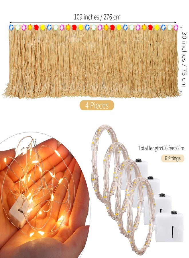 Aneco 4 Pieces 9 Ft x 30 Inches Luau Grass Table Skirts with LED String Light Hawaiian Table Skirt Lighted Grass Skirt Table Fringe for Tropical, Hawaiian Themed, Birthday Party (Natural) - Image 2