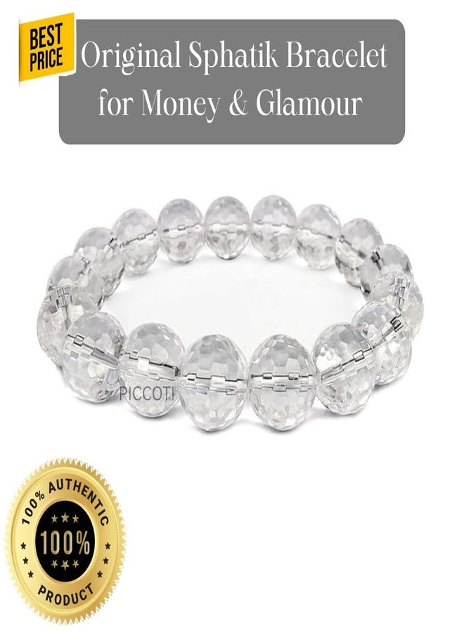 PICCOTI Original Sphatik Bracelet | Diamond Subsitute Bracelet for Calmness, Money, Beauty and Glamour | Clear Quartz | 12 mm beads | for Men & Women | Valentine Day Gift - Image 2