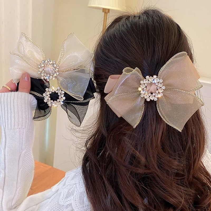 Wiwpar Hair Clip for Women with Gauze Bow and Rhinestones, Ivory - 5.90*3.90in, Fabric, Alloy, Rhinestones, Hair Accessory for Women and Girls, Wedding, Party, Event Hair Clip