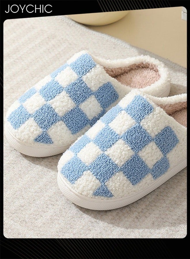 Joychic شبكة تصميم مربع غرفة النوم slippers للنساء والرجال الأزواج دافئة مرتاحة منزلية خفيفة الوزن ناعمة مزلقات بيضاء وزرقاء - Image 2