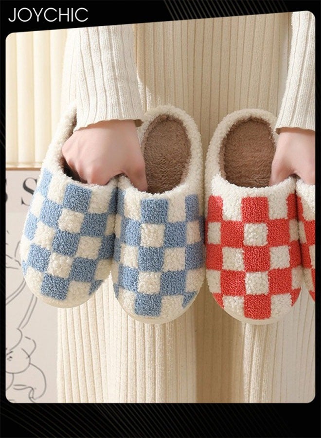 Joychic شبكة تصميم مربع غرفة النوم slippers للنساء والرجال الأزواج دافئة مرتاحة منزلية خفيفة الوزن ناعمة مزلقات بيضاء وزرقاء - Image 3