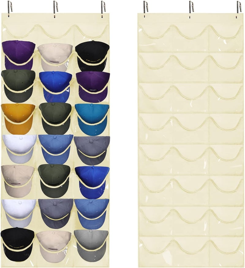 Dofilachy Hat Rack - Hat Organizer - Hat Racks for Baseball Caps, Visible Hat Holder - Baseball Hat Rack for Wall Door with 3 Hooks, 24 Deep Pockets (Beige,large) - Image 1