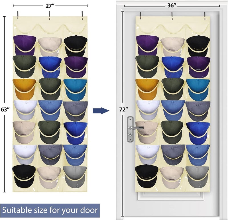 Dofilachy Hat Rack - Hat Organizer - Hat Racks for Baseball Caps, Visible Hat Holder - Baseball Hat Rack for Wall Door with 3 Hooks, 24 Deep Pockets (Beige,large) - Image 3