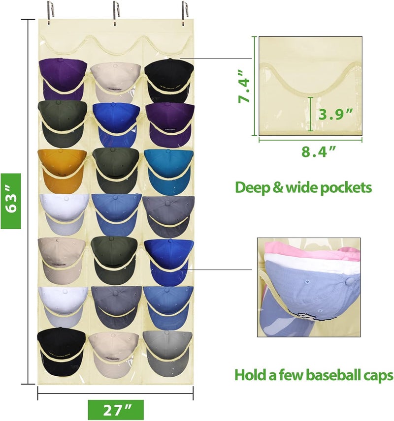 Dofilachy Hat Rack - Hat Organizer - Hat Racks for Baseball Caps, Visible Hat Holder - Baseball Hat Rack for Wall Door with 3 Hooks, 24 Deep Pockets (Beige,large) - Image 5
