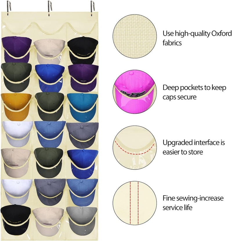Dofilachy Hat Rack - Hat Organizer - Hat Racks for Baseball Caps, Visible Hat Holder - Baseball Hat Rack for Wall Door with 3 Hooks, 24 Deep Pockets (Beige,large) - Image 2