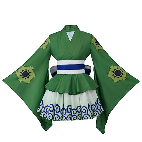 iSHOWcos Anime Green Kimono Costume Dress Female Girls Lolita Outfits Halloween Suit with Belt (Green, XXL) - Image 1