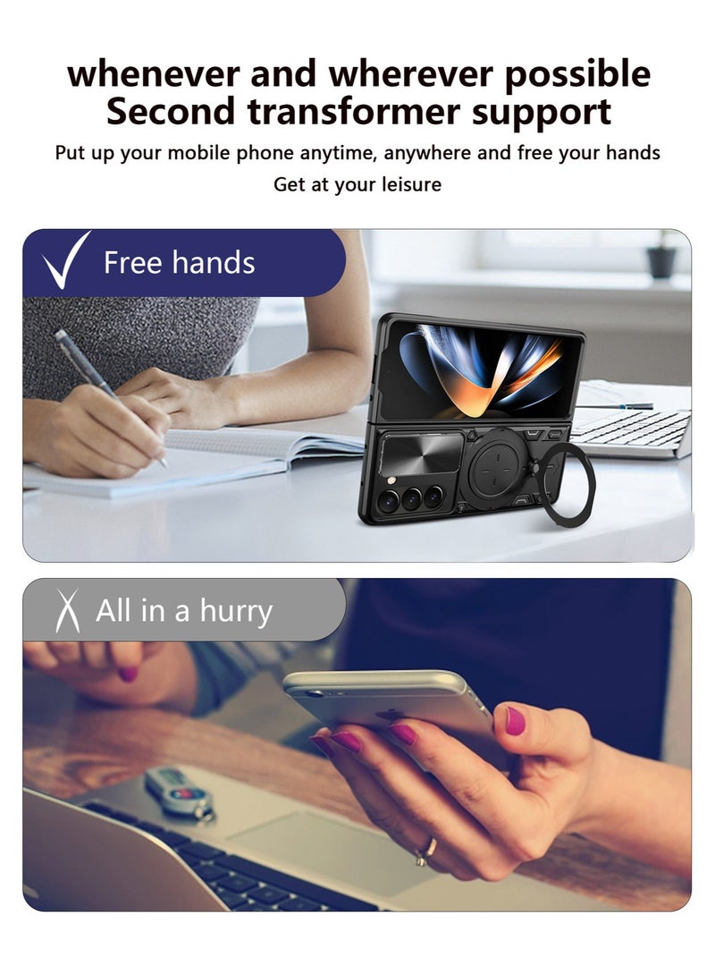 Samsung Galaxy Z Fold 5 5G Black Mobile Phone Case Cover, Slide Camera Lens Cover, 360°Rotating Kickstand Ring, Bumper Shockproof Phone Case，Compatible with Car Magnetic Mount - Image 4
