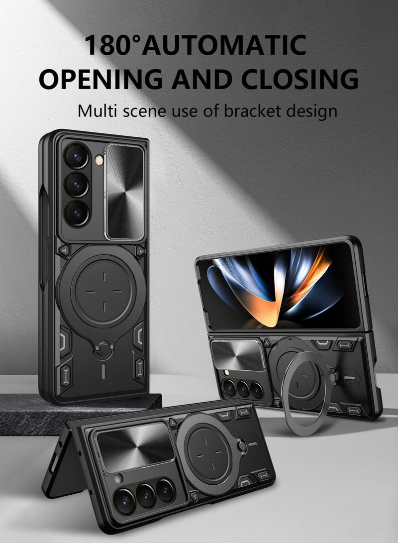 Samsung Galaxy Z Fold 5 5G Black Mobile Phone Case Cover, Slide Camera Lens Cover, 360°Rotating Kickstand Ring, Bumper Shockproof Phone Case，Compatible with Car Magnetic Mount - Image 5