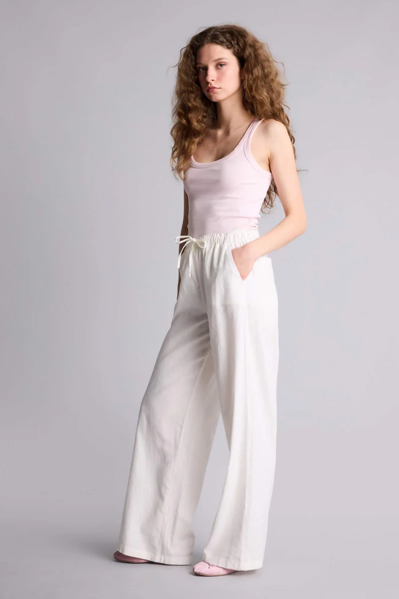 ديفاكتو Wide Leg Double Pocket Linen Blended Trousers