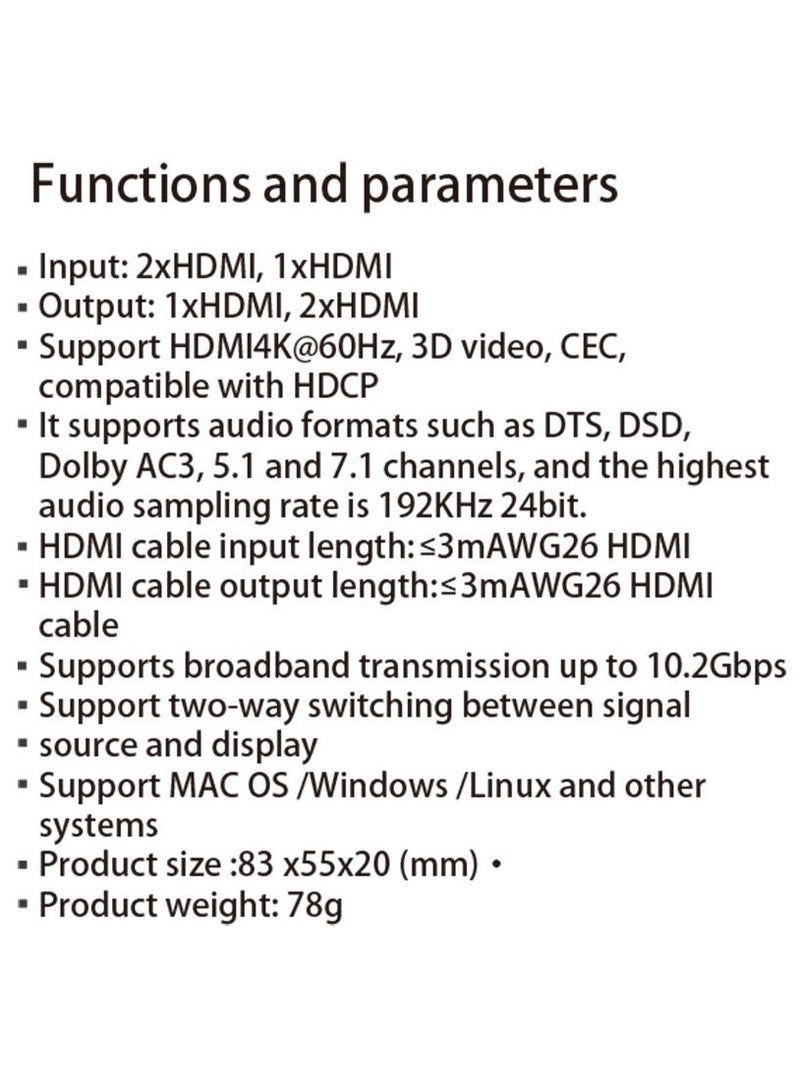 4K 3D Bi-Direction 2x1 HDMI Switch 1x2 Splitter Video Converter PC To TV Monitor - Image 3