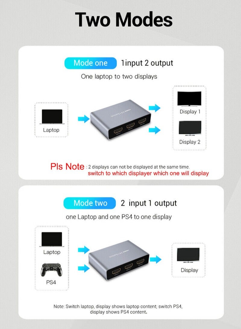 4K 3D Bi-Direction 2x1 HDMI Switch 1x2 Splitter Video Converter PC To TV Monitor - Image 2