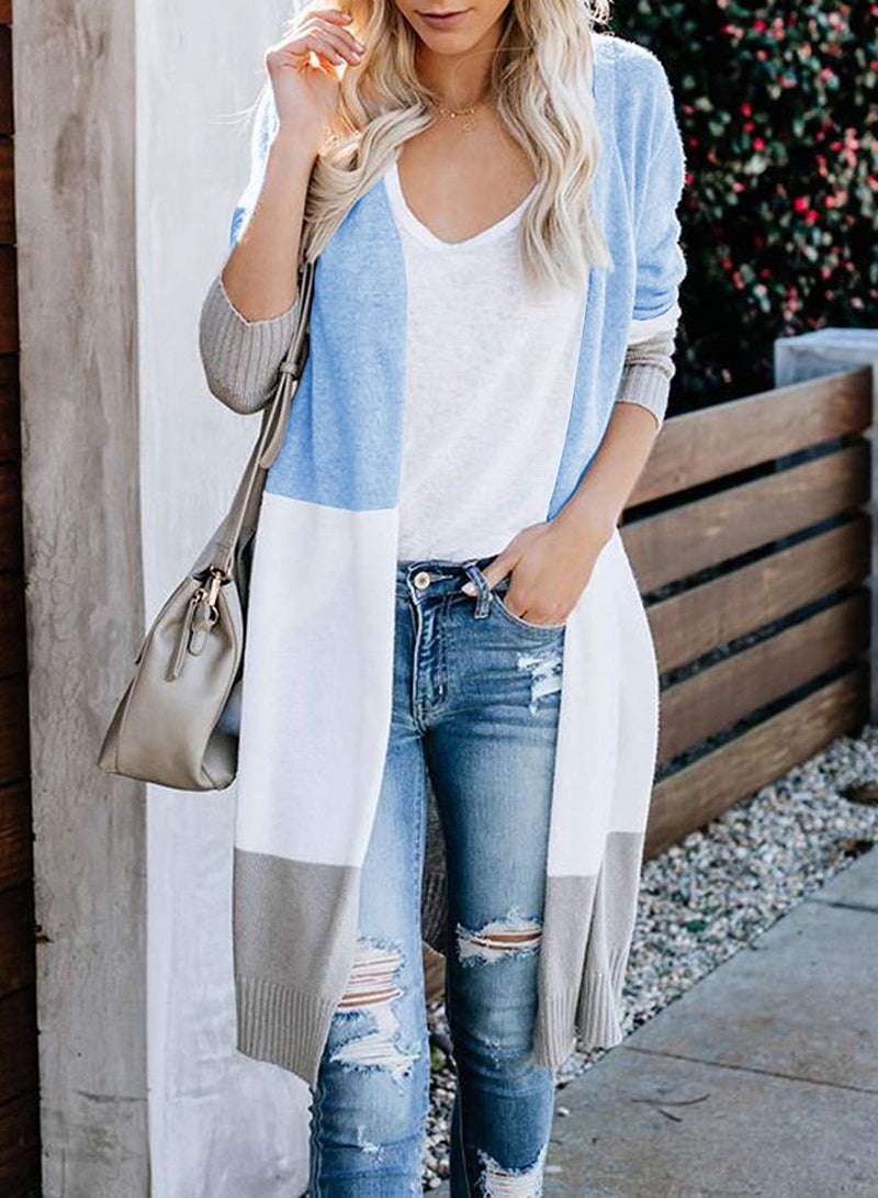 CARDYDONY Women's Boho Color Block Lightweight Kimono Duster Cardigans Blue L - Image 2
