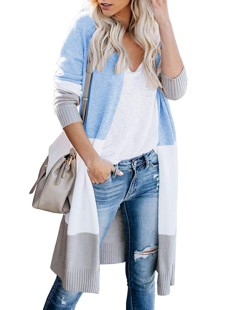 CARDYDONY Women's Boho Color Block Lightweight Kimono Duster Cardigans Blue L - Image 1