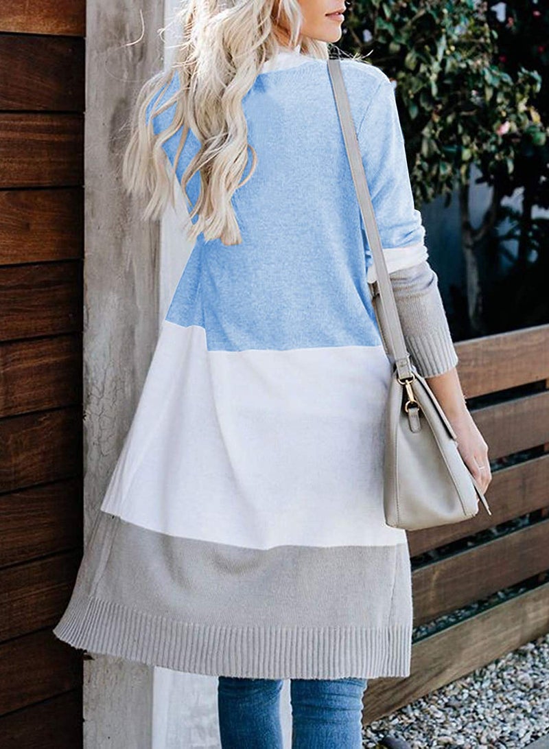 CARDYDONY Women's Boho Color Block Lightweight Kimono Duster Cardigans Blue L - Image 5