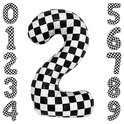 cocodino 40 Inch Checkered 2 Balloon Large Black and White Number Balloon for Two Fast Race Car Birthday Party Supplies Number 2 Checkered Balloon - Image 1
