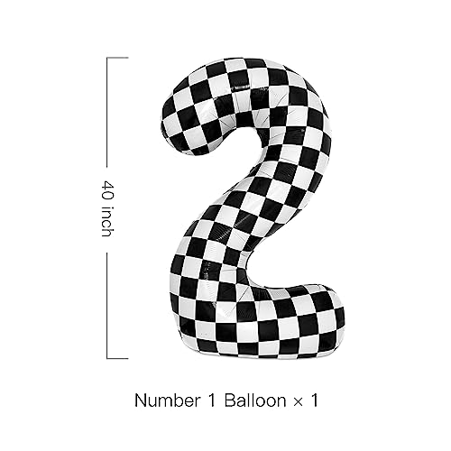 cocodino 40 Inch Checkered 2 Balloon Large Black and White Number Balloon for Two Fast Race Car Birthday Party Supplies Number 2 Checkered Balloon - Image 2