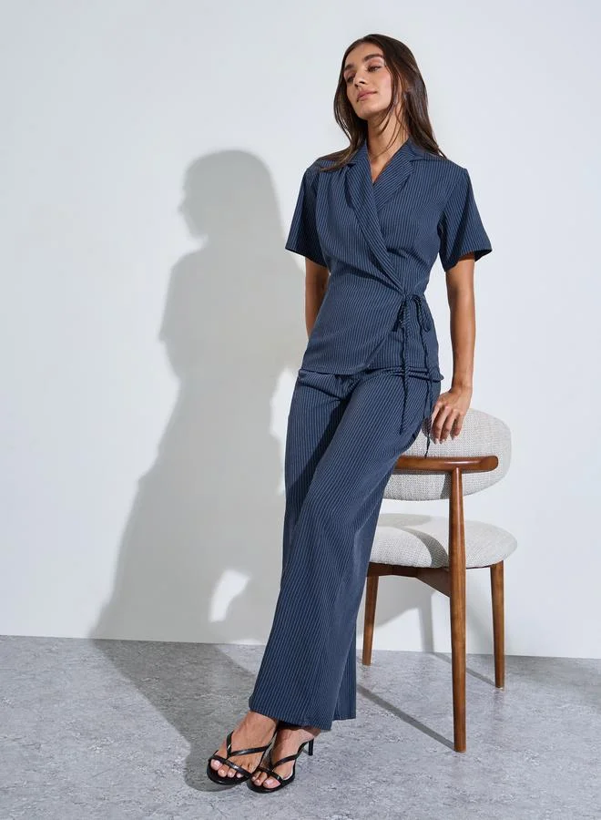Styli Dark Blue Striped Side Tie Wrap Top and Wide Leg Pants Co-Ords