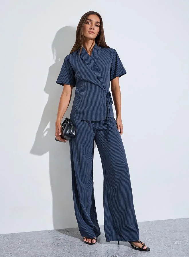 Styli Dark Blue Striped Side Tie Wrap Top and Wide Leg Pants Co-Ords