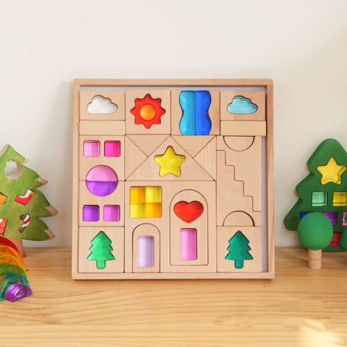 KOAICS 45PCS Wooden Acrylic Building Blocks Set with Tray Include Colorful Acrylic Shapes StarsSunClouds Trees Heart Educational Construction Toy for Kids Farm House - Image 1