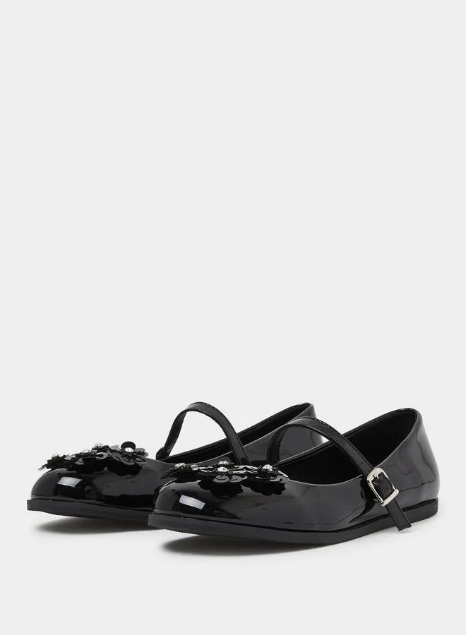 Styli Black Flower Detail Mary Jane Shoes