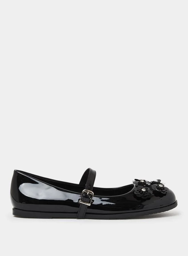 Styli Black Flower Detail Mary Jane Shoes