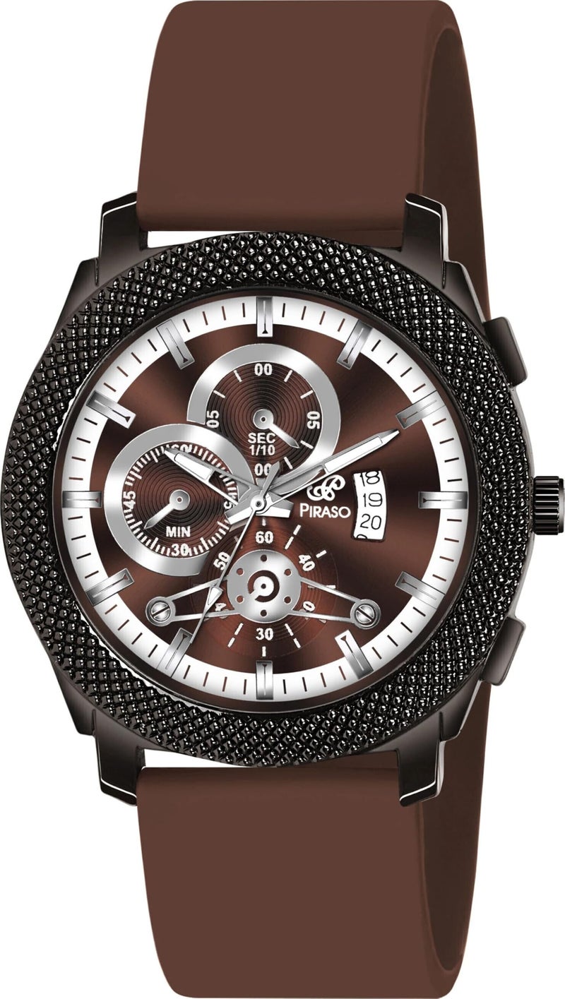 PIRASO Brown Date Dial Analog Watch & Brown Silicone Strap Watch for Men - Image 1