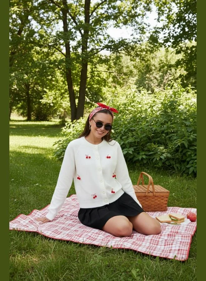 Lela Lela Premium Regular Fit Crew Neck Cherry Embellished Cardigan Women's CARDIGAN 6802939A