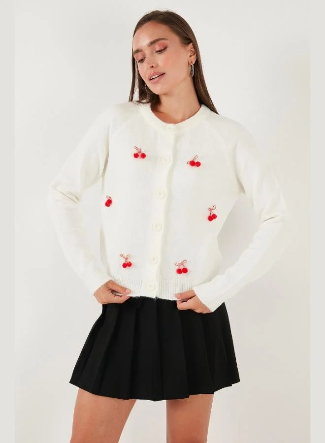 Lela Lela Premium Regular Fit Crew Neck Cherry Embellished Cardigan Women's CARDIGAN 6802939A