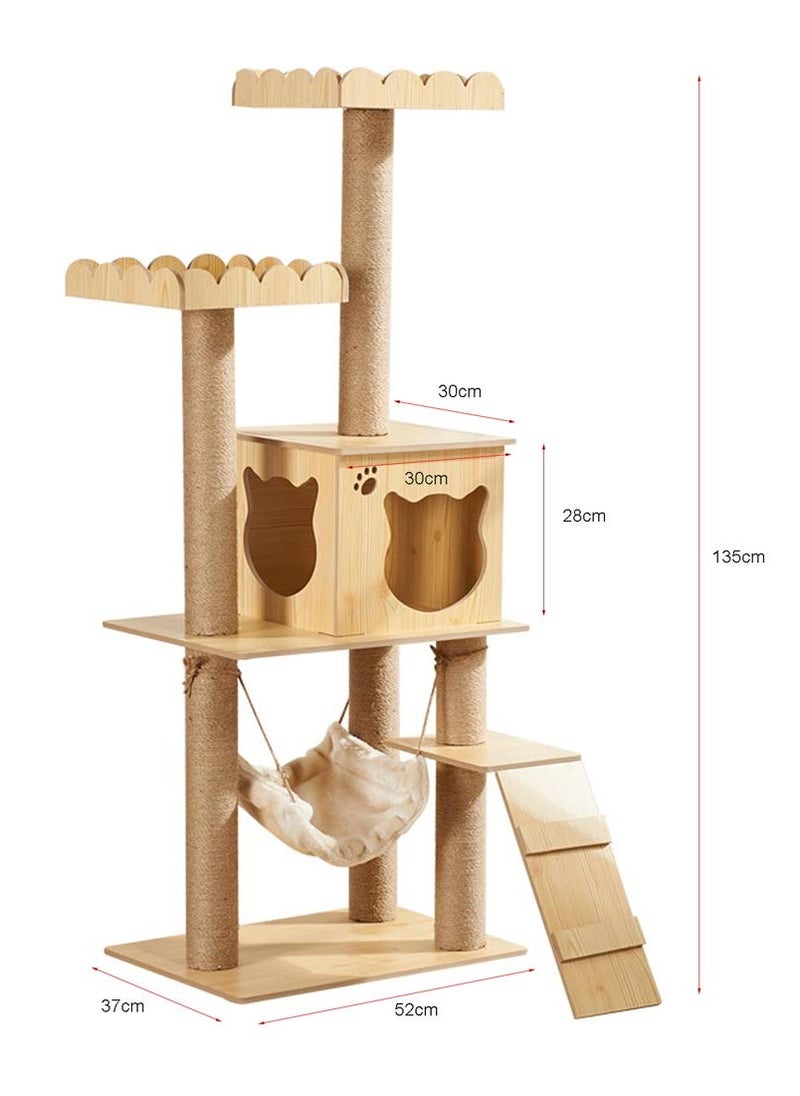 XiuWoo - 53inch Modern Wood Cat Tree Cats Tower With Apartment,Sisal Scratching Post,gazebo,hammock And Ladder,Kitten Furniture Activity Centre - Image 1