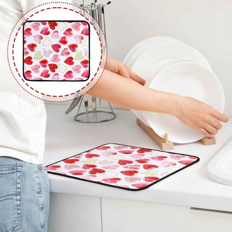 Breling Valentine's Day Dish Drying Mat Valentine Kitchen Dry Mat Absorbent Hearts Table Dishes Pad Red Pink Protect Tableware Kitchen Accessories for Home Decor, 16 x 18.4 Inches - Image 4