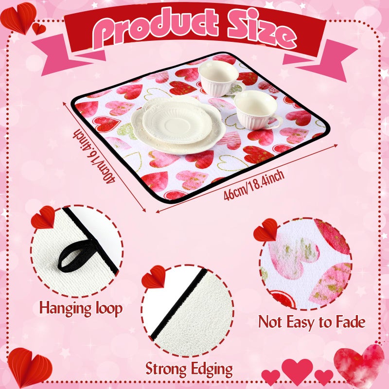 Breling Valentine's Day Dish Drying Mat Valentine Kitchen Dry Mat Absorbent Hearts Table Dishes Pad Red Pink Protect Tableware Kitchen Accessories for Home Decor, 16 x 18.4 Inches - Image 3