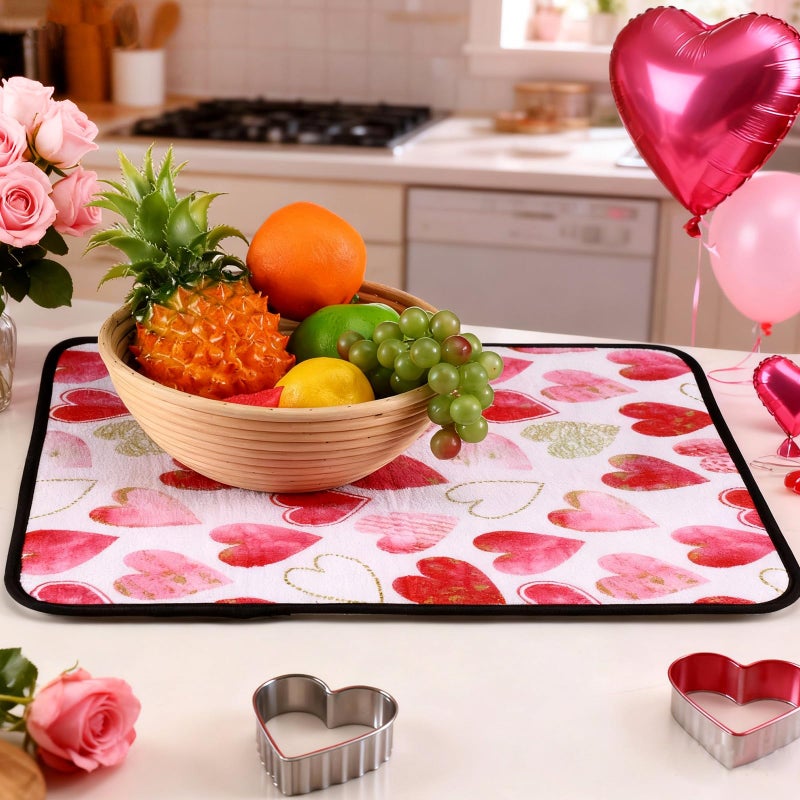 Breling Valentine's Day Dish Drying Mat Valentine Kitchen Dry Mat Absorbent Hearts Table Dishes Pad Red Pink Protect Tableware Kitchen Accessories for Home Decor, 16 x 18.4 Inches - Image 2