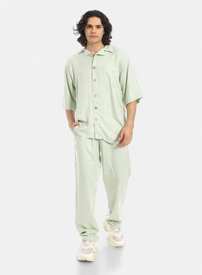 Red Circle Short Sleeves Plain Pastel Shirt and Pants Set  - Image 1