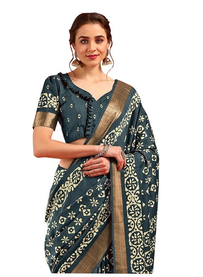 saree mall ساري مول ساري حرير بناراسي مزخرف بنمط عرقي للنساء مع قطعة بلوزة غير مخيطة (أزرق تيل_HOLAND69E_HS) - Image 1