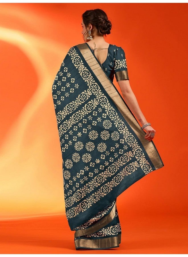 saree mall ساري مول ساري حرير بناراسي مزخرف بنمط عرقي للنساء مع قطعة بلوزة غير مخيطة (أزرق تيل_HOLAND69E_HS) - Image 3