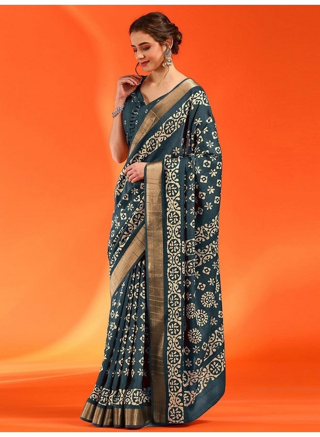 saree mall ساري مول ساري حرير بناراسي مزخرف بنمط عرقي للنساء مع قطعة بلوزة غير مخيطة (أزرق تيل_HOLAND69E_HS) - Image 5