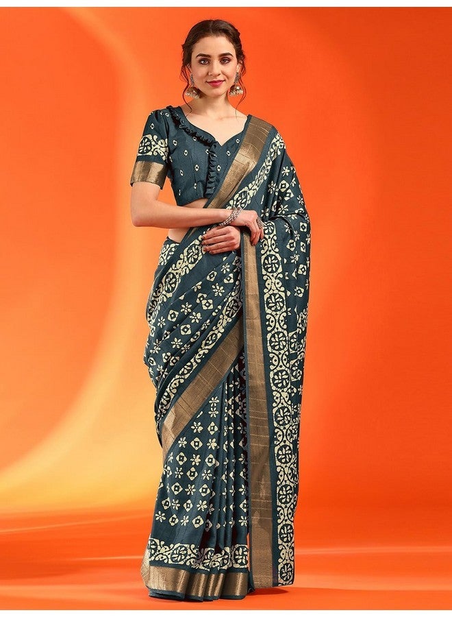 saree mall ساري مول ساري حرير بناراسي مزخرف بنمط عرقي للنساء مع قطعة بلوزة غير مخيطة (أزرق تيل_HOLAND69E_HS) - Image 2