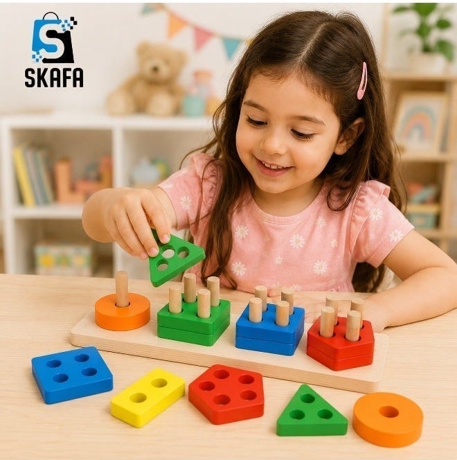 سكافا ألعاب الفرز والتكديس الخشبية من سكفا، مكعبات هندسية للتعرف على الأشكال والألوان، مطابقة الألغاز مع خيط الربط، لعبة تعليمية للأطفال في مرحلة ما قبل المدرسة، هدية للأطفال. - Image 2
