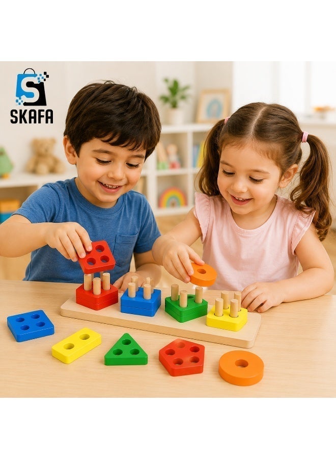 سكافا ألعاب الفرز والتكديس الخشبية من سكفا، مكعبات هندسية للتعرف على الأشكال والألوان، مطابقة الألغاز مع خيط الربط، لعبة تعليمية للأطفال في مرحلة ما قبل المدرسة، هدية للأطفال. - Image 3