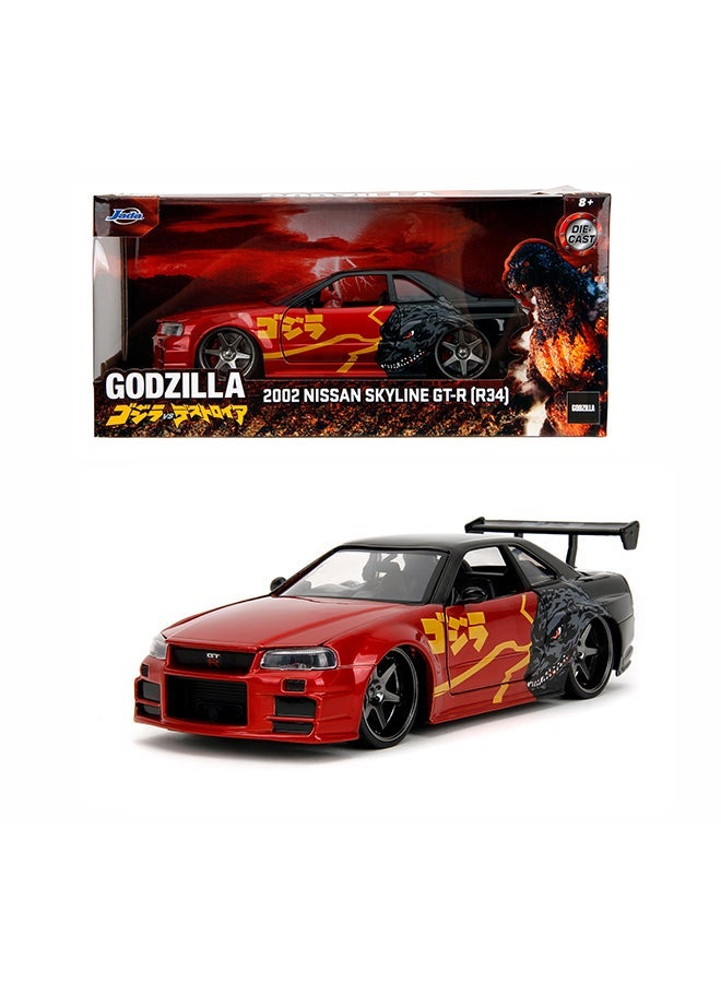 JADA Godzilla 2003 Nissan Skyline GT-R R34 Die-Cast Collectible Model Car with Opening Doors, Freewheel Vehicle, 1:24 Scale, Red Metallic /Black - Image 1