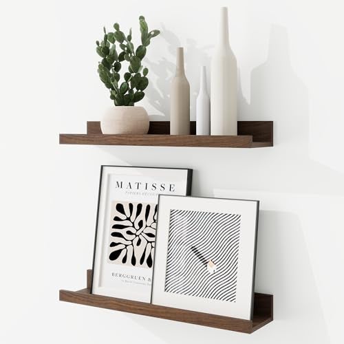RICHFOCUS Picture Ledge Shelf, 16 inch Floating Shelves Set of 2, Wood Wall Shelves with Lip, Wall Decor Storage for Bedroom Living Room Bathroom Kitchen Nursery Photo Picture, Walnut - Image 1