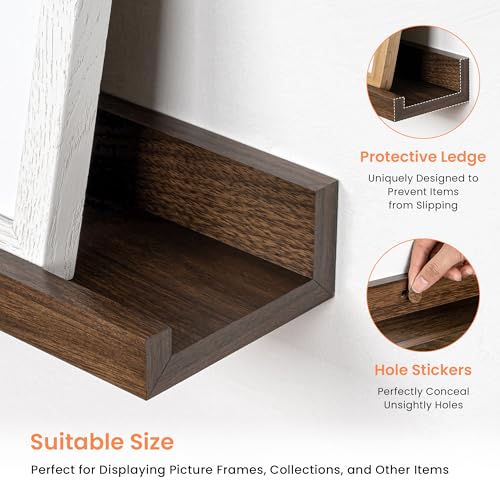RICHFOCUS Picture Ledge Shelf, 16 inch Floating Shelves Set of 2, Wood Wall Shelves with Lip, Wall Decor Storage for Bedroom Living Room Bathroom Kitchen Nursery Photo Picture, Walnut - Image 3
