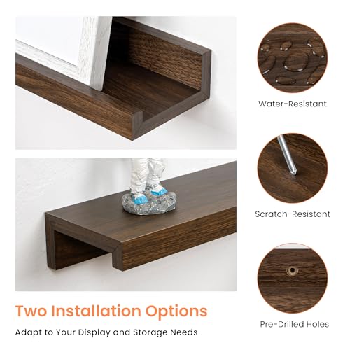 RICHFOCUS Picture Ledge Shelf, 16 inch Floating Shelves Set of 2, Wood Wall Shelves with Lip, Wall Decor Storage for Bedroom Living Room Bathroom Kitchen Nursery Photo Picture, Walnut - Image 5