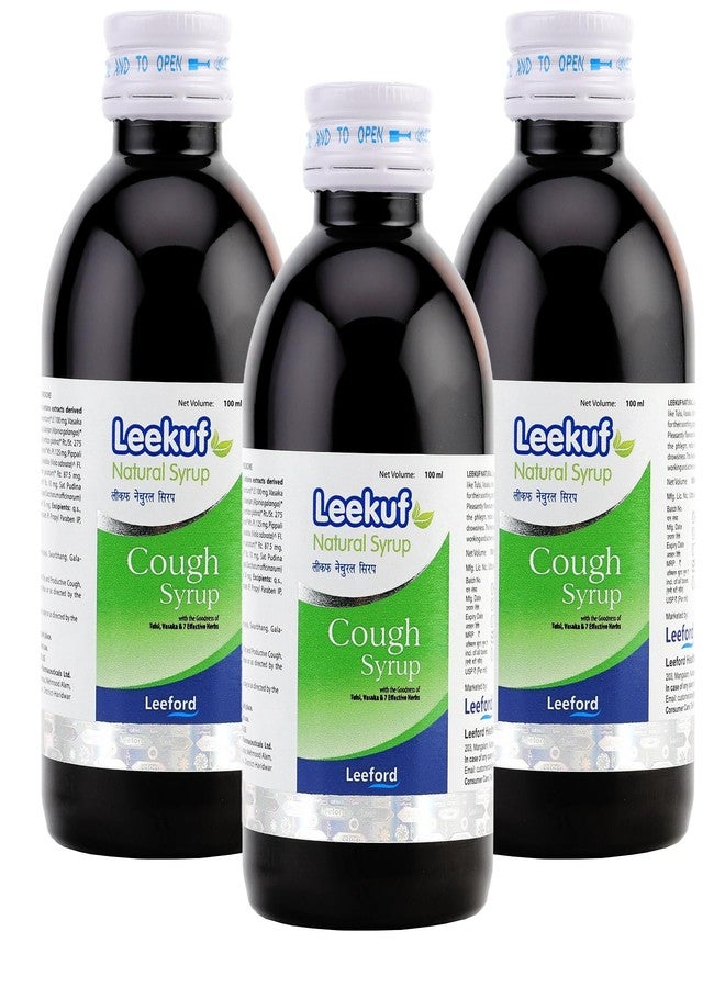 Leeford Leekuf Natural Cough Syrup Pack of 3 (100ml Each) - with Goodness of Mulethi, Adrak and Tulsi || Cough Syrup For Dry Cough || Safe and Effective || For Adults - Image 1