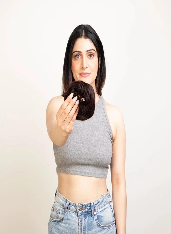 Capilus Natural Human Hair Buns - Messy Juda Bun Hair Extension - Indian made Donut Scrunchies with Elastic Rubber band (Natural Black) - Image 1