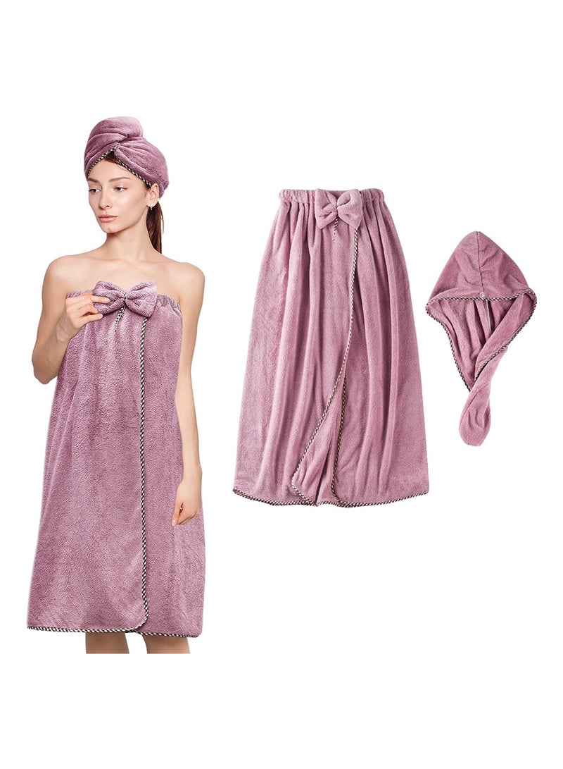Women Microfiber Bath Towel Adjustable Soft Body Wraps Dress, Quick Drying Plush Hair Towel Wrap with Hair Turban, Adjustable Super Absorbent, Purple - Image 1