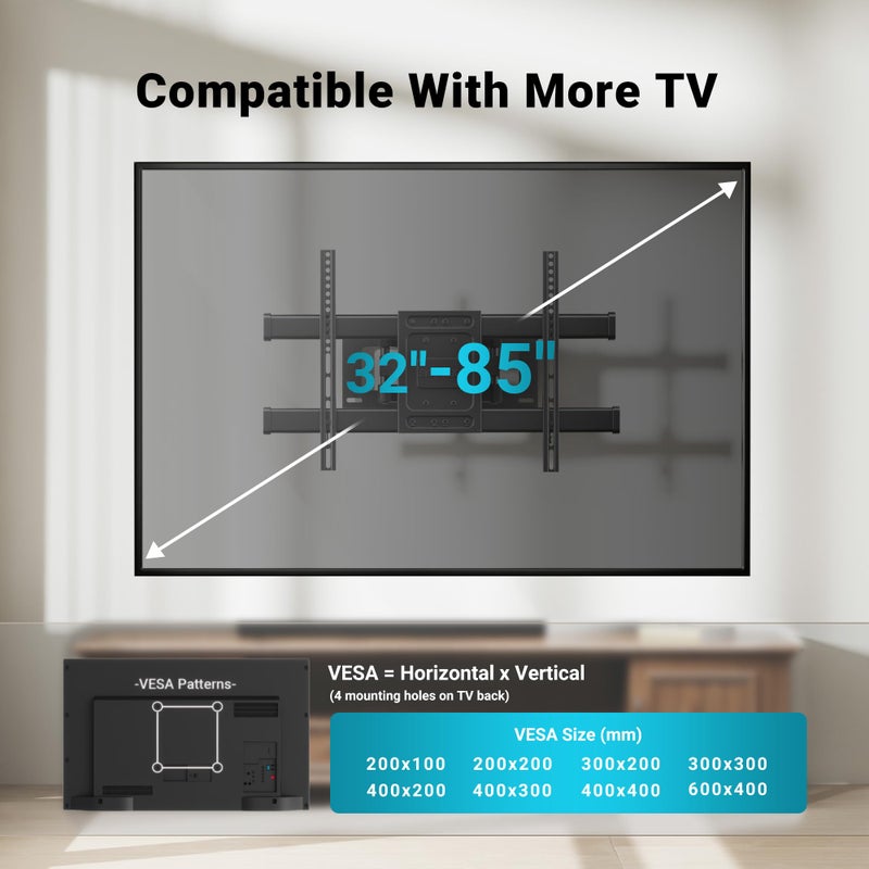 BONTEC Full Motion TV Wall Mount for 37-85 Inch TVs, Hold up to 132lbs, Max VESA 600x400mm, Swivel Tilt Dual Arms, Adjustable Viewing Angle, Fits 16" Wood Studs, Easy Assembly - Image 2