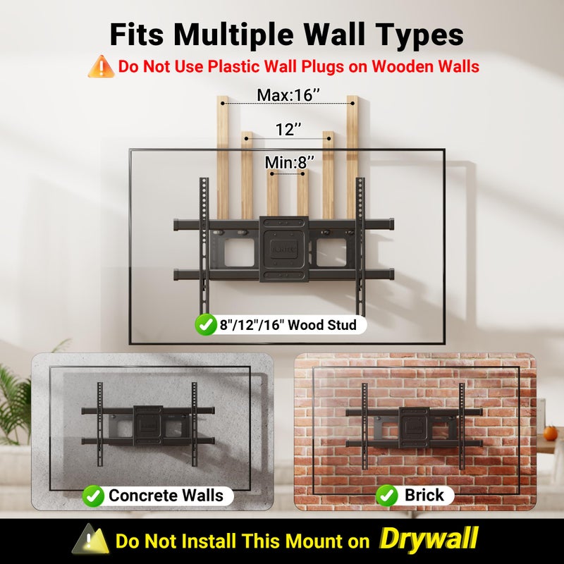 BONTEC Full Motion TV Wall Mount for 37-85 Inch TVs, Hold up to 132lbs, Max VESA 600x400mm, Swivel Tilt Dual Arms, Adjustable Viewing Angle, Fits 16" Wood Studs, Easy Assembly - Image 4