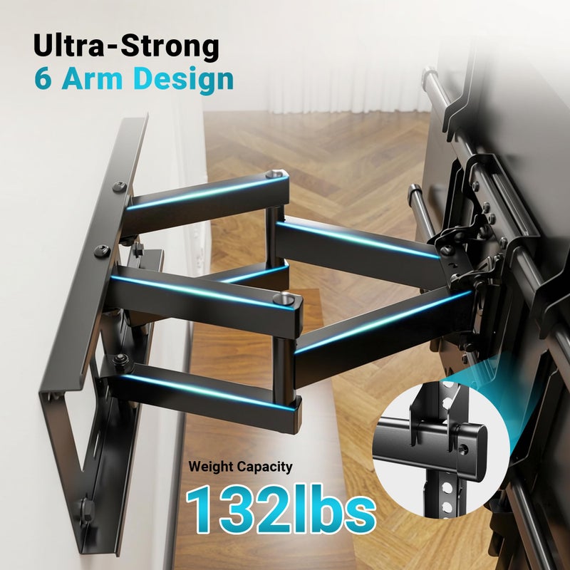 BONTEC Full Motion TV Wall Mount for 37-85 Inch TVs, Hold up to 132lbs, Max VESA 600x400mm, Swivel Tilt Dual Arms, Adjustable Viewing Angle, Fits 16" Wood Studs, Easy Assembly - Image 3